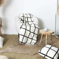 Online Plaid sherpa blanc carreaux noir Décoration Textile·Plaid